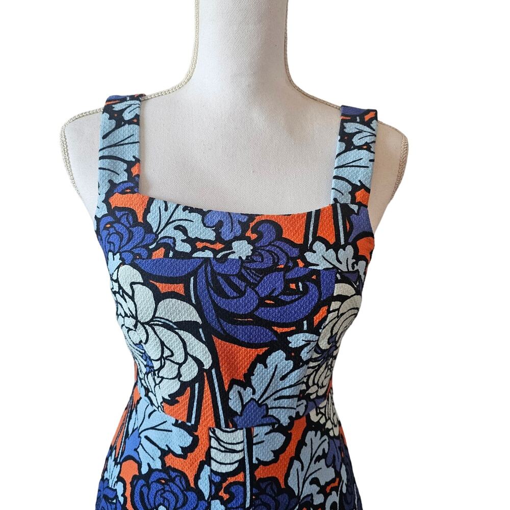 Topshop Retro Floral Square Neck Mini Dress Size 4 Blue Orange - Picture 3 of 6